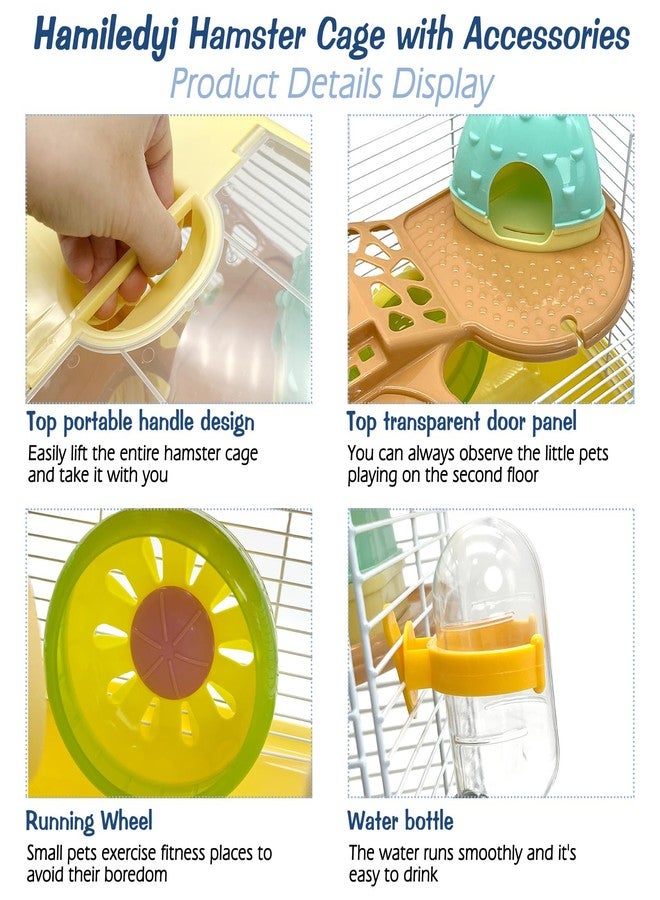 هامليدي قفص هامستر محمول من هاميليدي، طبقتان، مناسب للهامستر القزم، أبعاده 10.90 بوصة طول × 8.07 بوصة عرض × 9.84 بوصة ارتفاع، قفص سفر للحيوانات الصغيرة مزود بعجلة تمرين، قفص للهامستر والفئران والجرذان والحيوانات الأليفة الصغيرة. - Image 3